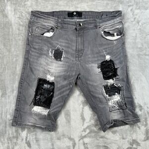 Focus Jeans Mens Grey Distressed Patch Denim Shorts Size 36